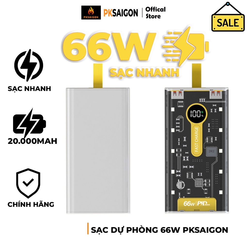 Sạc Dựng Phòng 20000mAh Trong Suốt, Chính Hãng  Với 2 Cổng Sạc Nhanh Thiết Kế Mới Màn Hình Led Bảo Hành 12 Tháng