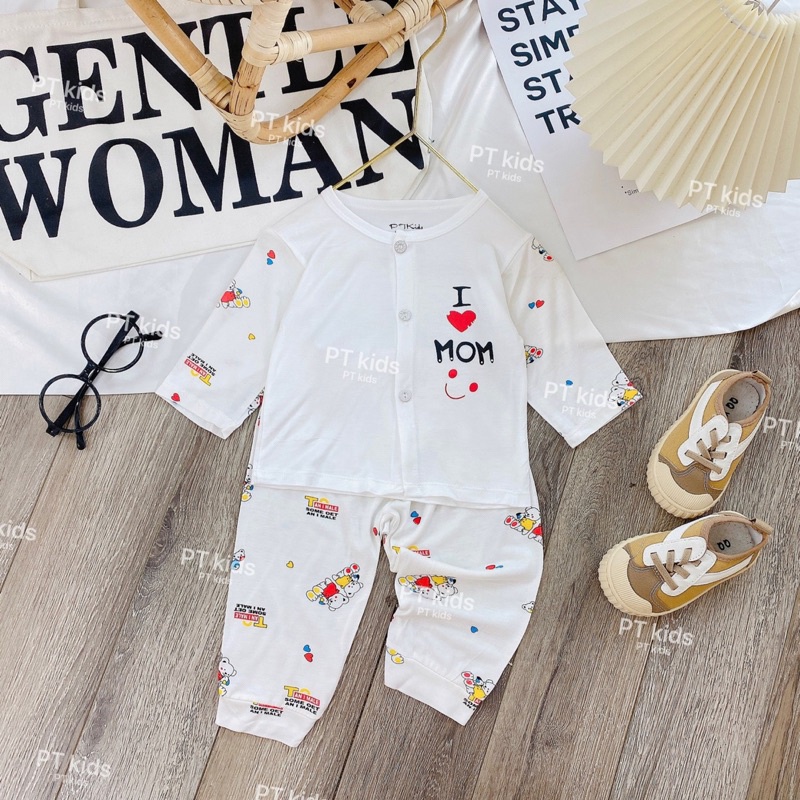 Bộ dài tay cài thẳng trắng hoạ tiết Pjkids chất thun lạnh loại 1 cho bé
