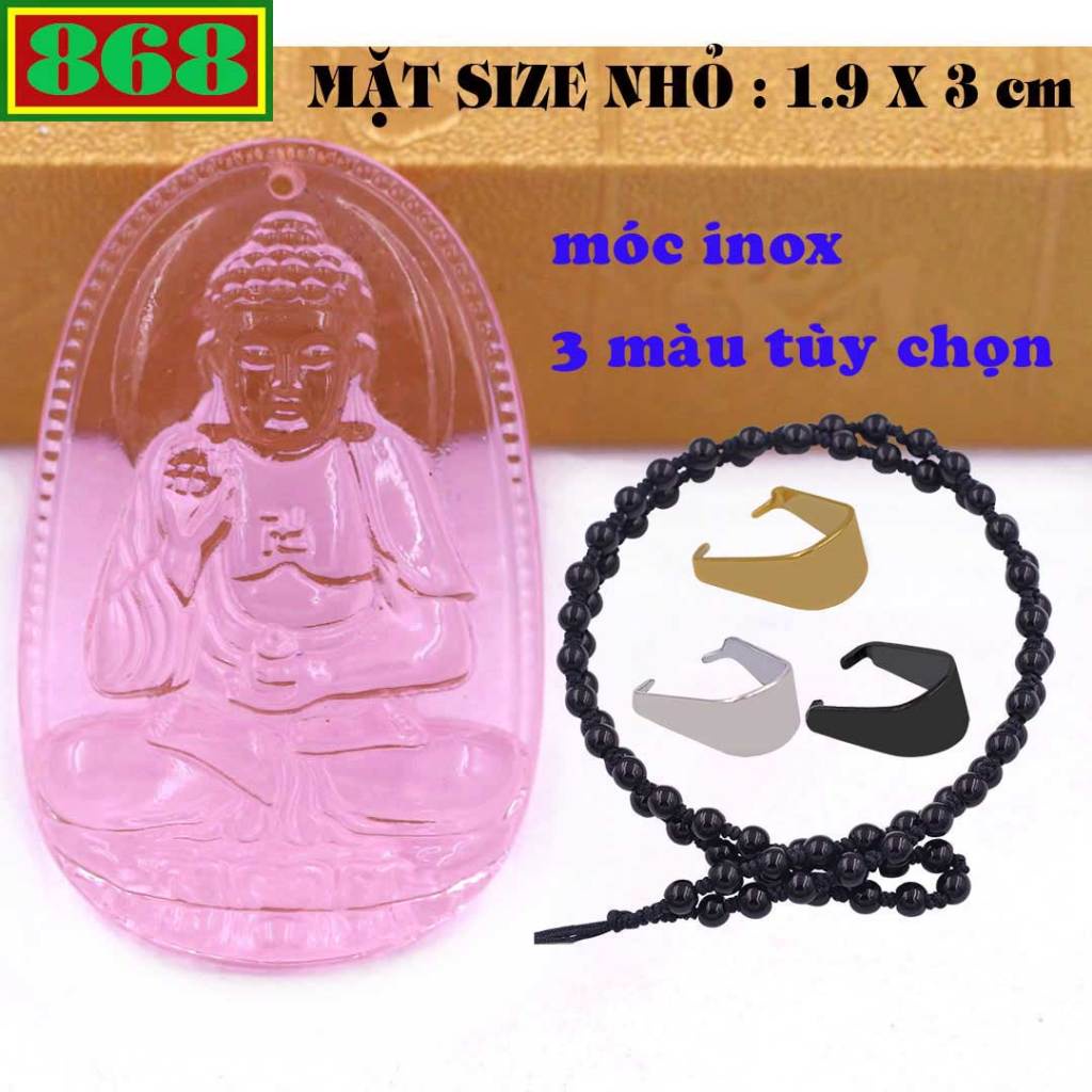 Mặt dây chuyền Phật A di đà pha lê hồng kèm vòng cổ hạt chuỗi đá đen + móc inox - Phật bản mệnh
