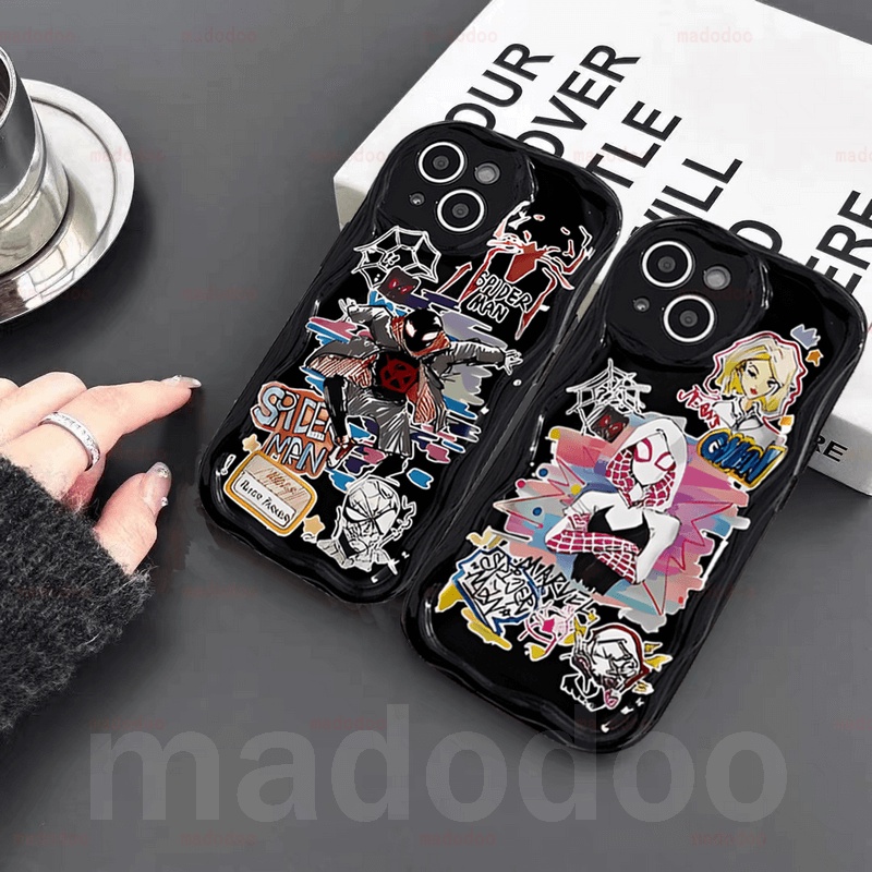 Ốp lưng Cute Fine Hole Anti-fall Samsung Galaxy S24 S23 Ultra S22 Plus S21 S20 FE 5G A11 A50 A30S A50S A10S A20S A20 A30 A31 A51 A71 4G A21S A02S A03S M11 Cartoon SpiderMan Gwen Graffiti Cream Edge Couple Phone Case Cover NY 76