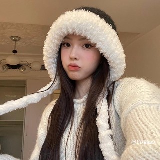Mũ len trùm đầu phối lông mềm mại giữ ấm mùa đông cho nữ