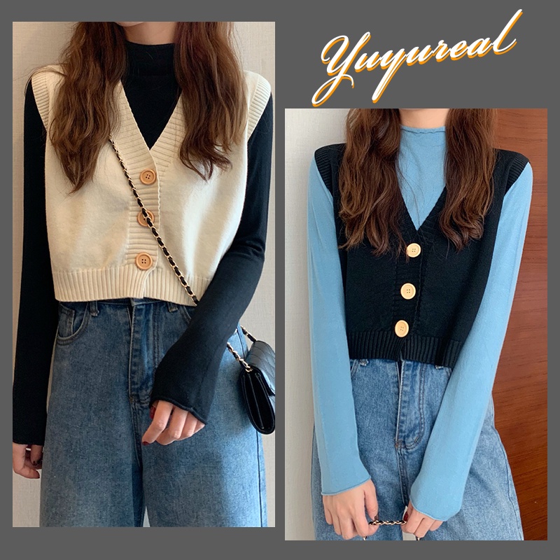 Yuyureal Áo sweater Không Tay Nhiều Lớp Thời Trang Thu Đông Cho Nữ Áo len Gile nữ cài cúc phong