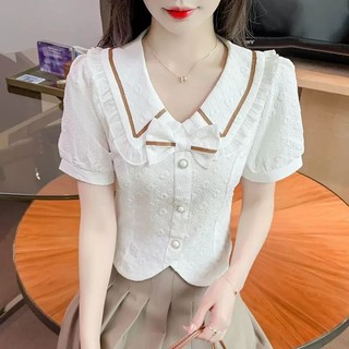 Áo Kiểu Tay Ngắn Cổ Búp Bê Phong Cách Pháp Thời Trang Cho Nữ
