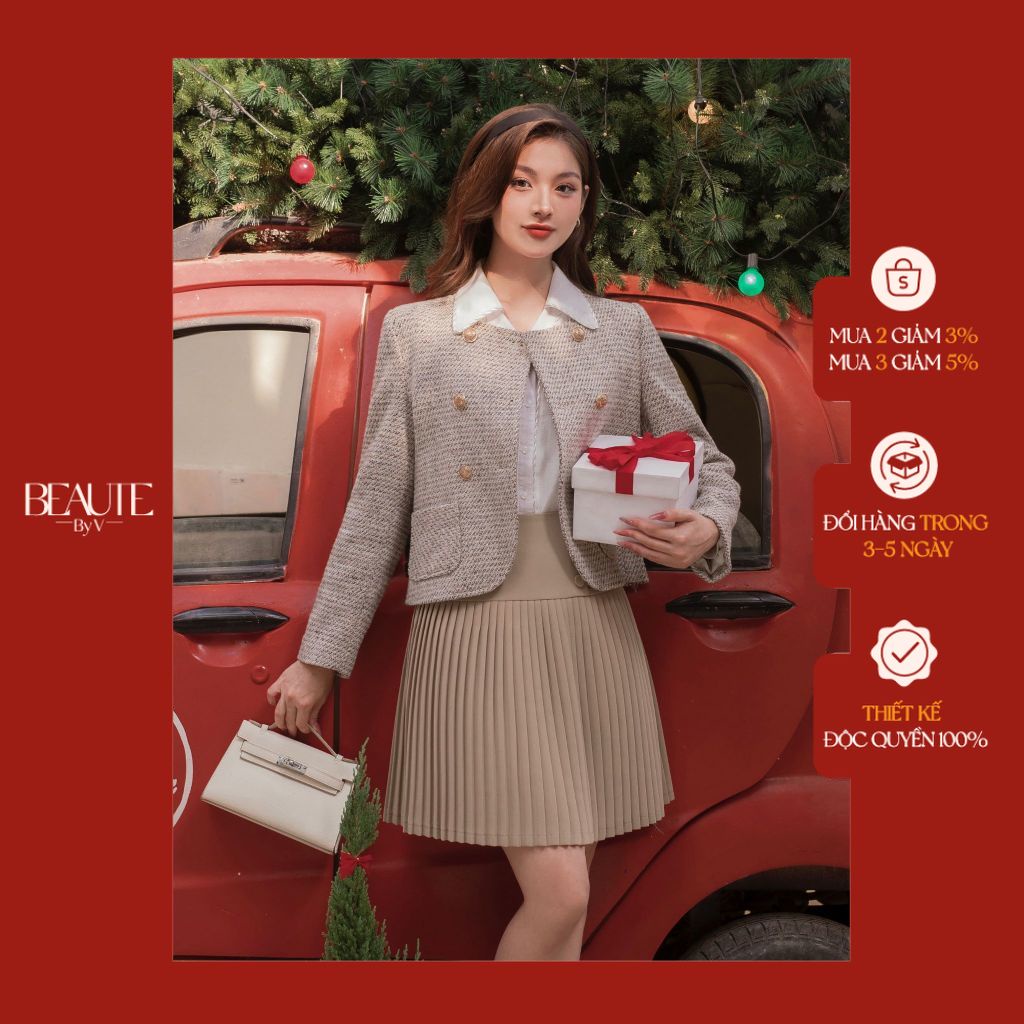 BEAUTEBYV - Chân váy xếp ly nữ đính cúc lệch Hiver