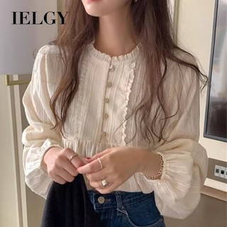 IELGY Áo sơ mi cổ tròn có nút xếp li nhẹ nhàng và ngọt ngào IELGY dành cho nữ