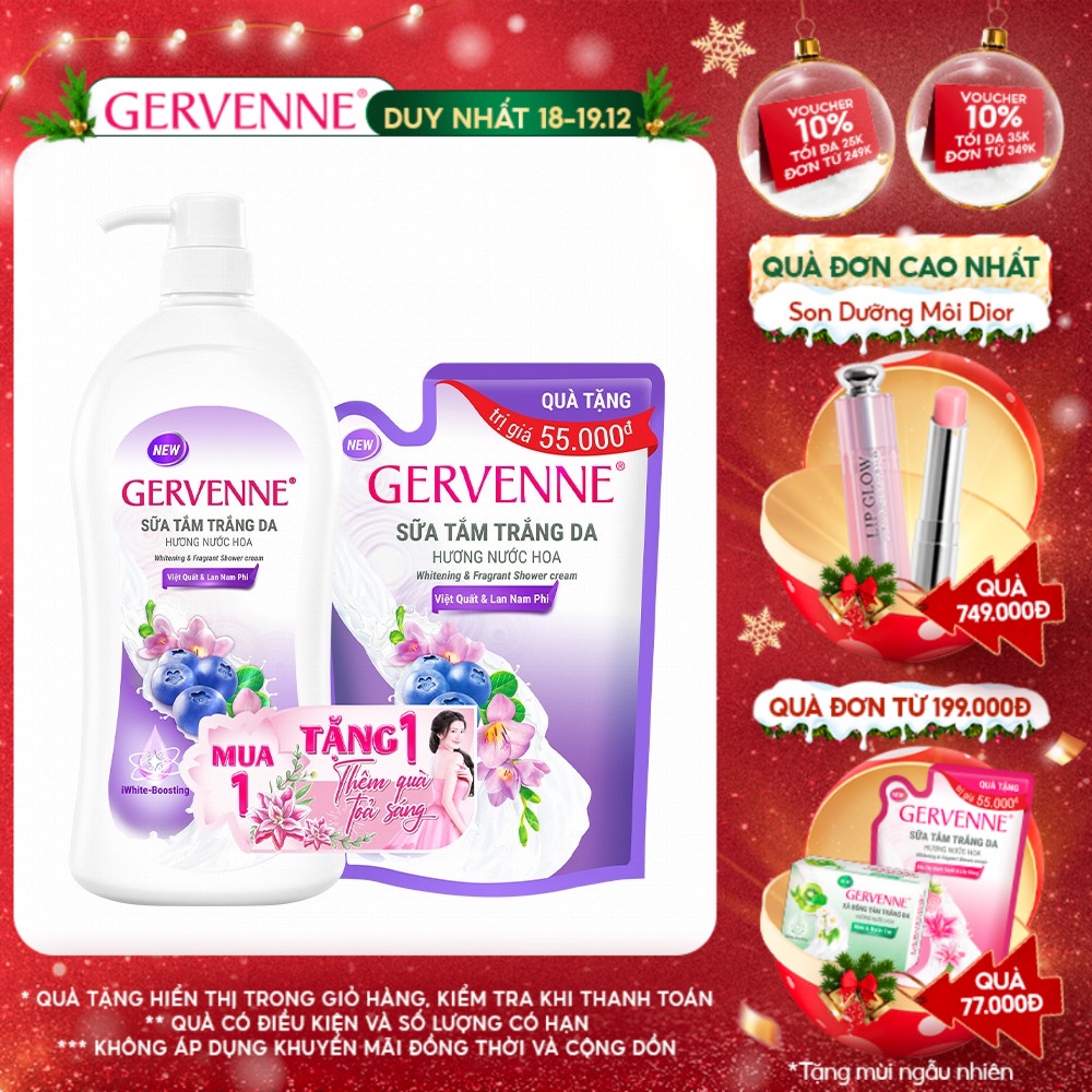 Sữa tắm trắng da Gervenne Việt Quất và Lan Nam Phi 900g + Túi sữa tắm 450g