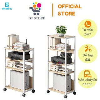 Giá sách khung sắt 5 tầng có bánh xe di chuyển thông minh màu gỗ sáng, kệ để sách mặt gỗ MDF dễ lau chùi