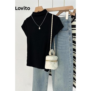 Lovito Áo thun cổ cao trơn đơn giản cho nữ LNE38015 (Đen)