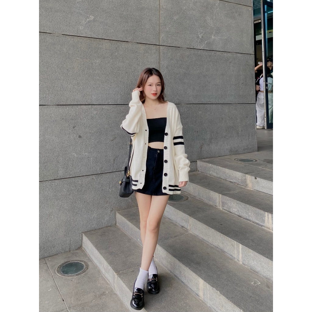 ÁO KHOÁC len cardigan nữ sọc viền tay - . - CDGlenvachtay9916_Be_P7K1