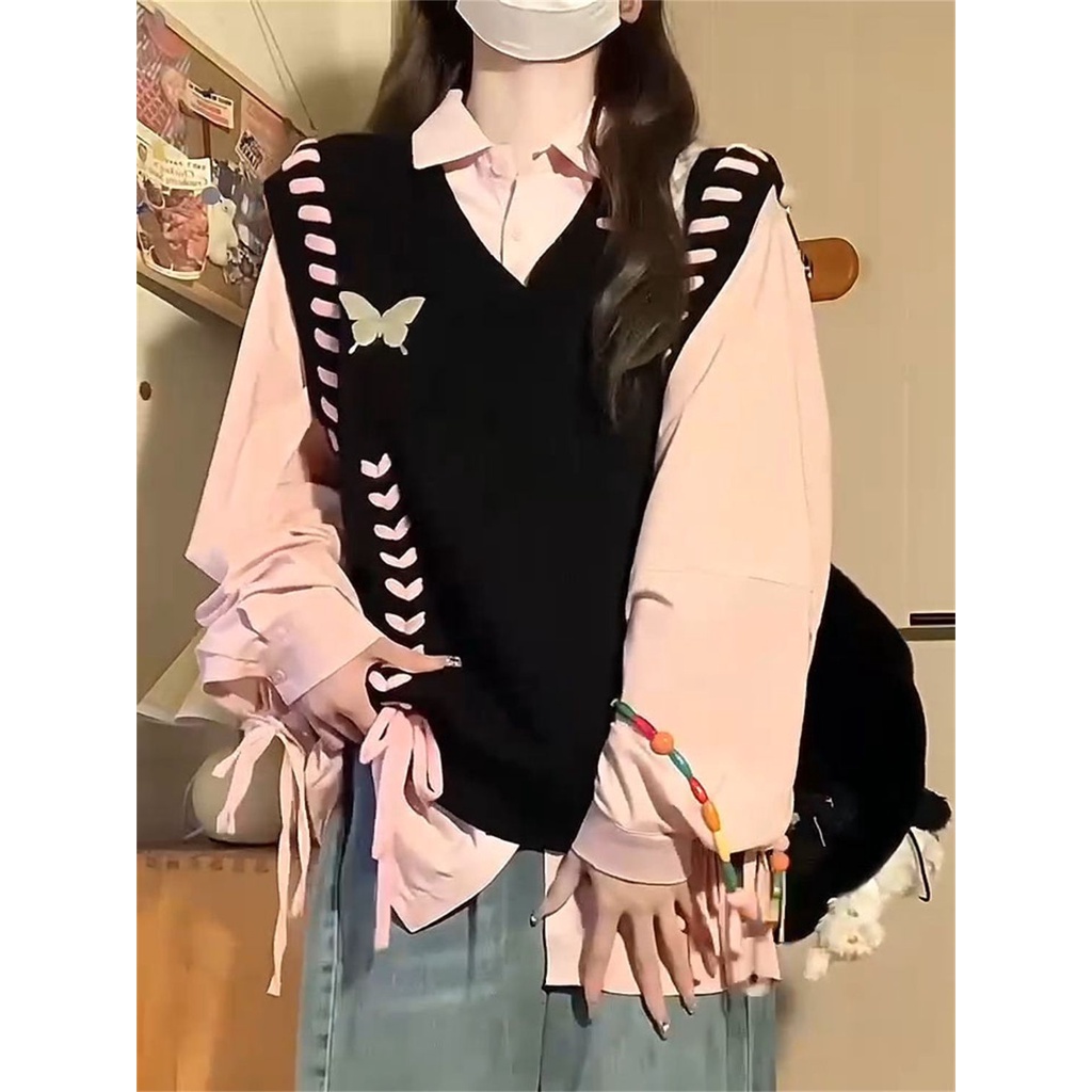 Set Áo Len Dây Rút + Áo Sơ Mi Hồng Mềm Mại handmade Thời Trang Cho Nữ