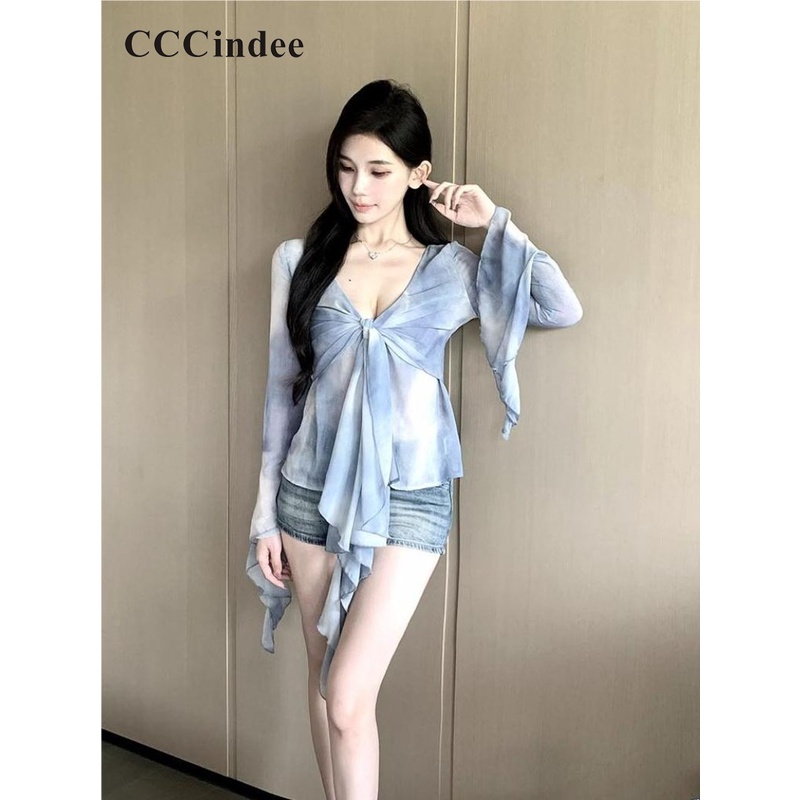 Cccindee Áo Thun Tay Dài Ống Loe Nhuộm Màu Tương Phản Thời Trang Mới 2023 Cho Nữ