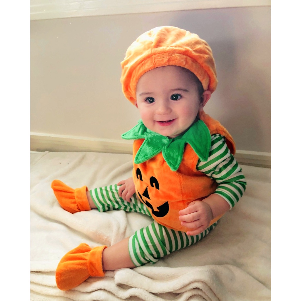 Bộ Áo Liền Quần Cổ Tròn Không Tay Hình Bí Ngô halloween Dễ Thương Cho Bé