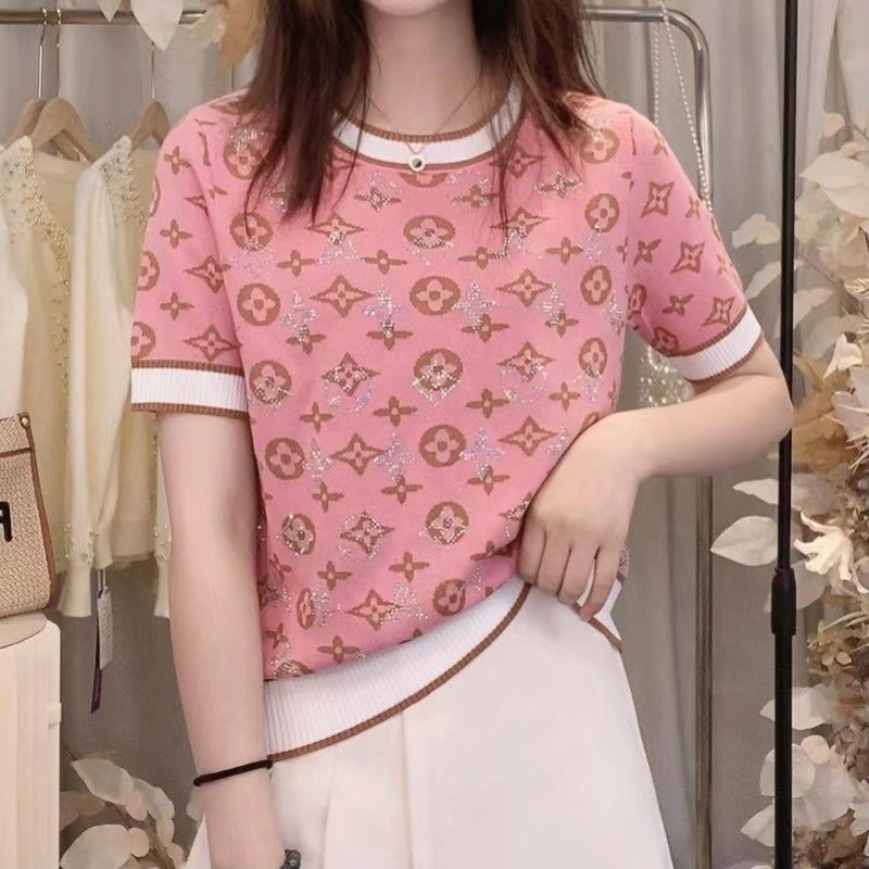 Áo Thun Dệt Kim Tay Ngắn Cổ Tròn In Chữ Đính Đá Thời Trang Xuân Hè Phong Cách vintage Cho Nữ