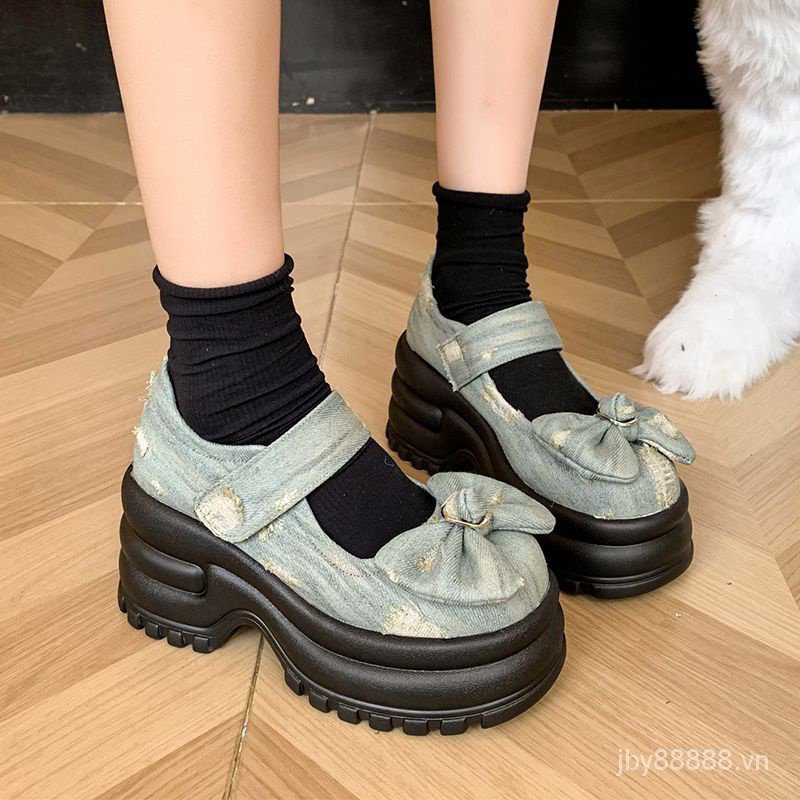 Giày Loafer denim Đế Dày Thắt Nơ Phong Cách Mới Mùa Thu 2023