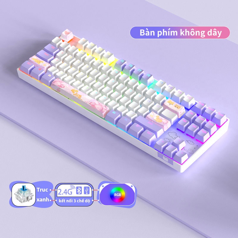 Bàn Phím Cơ Gaming Không Dây 2.4G/Bluetooth BASIC KB11 87 Phím Màu Tím/xanh/hồng,có đèn RGB，3 Chế độ Kết Nối