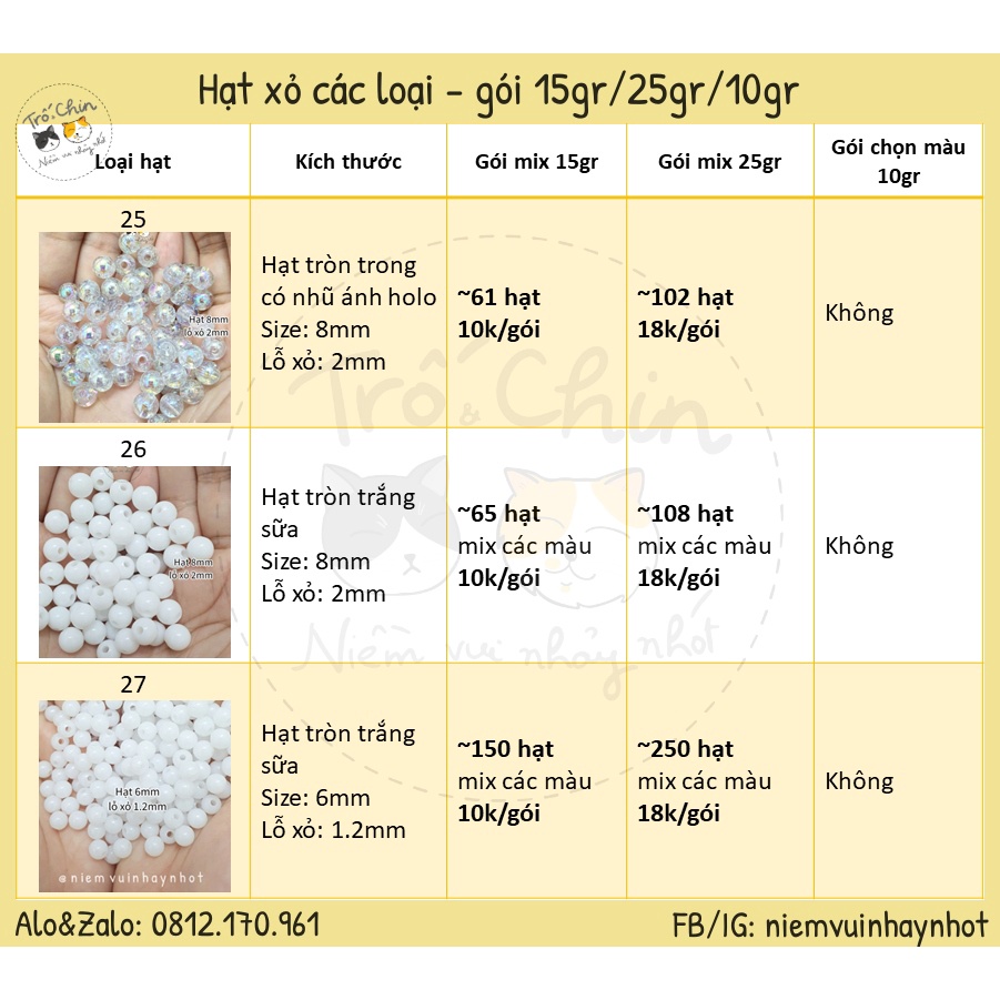 Gói hạt xỏ các loại làm thủ công