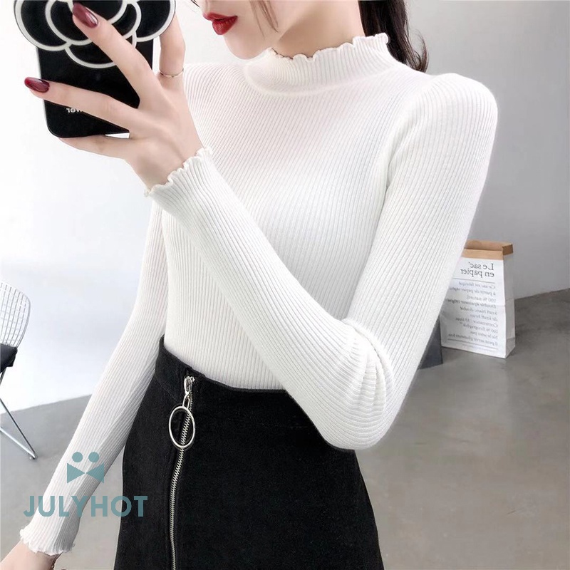 Áo sweater Dệt Kim Cổ Lọ Nhún Bèo Màu Trơn Độ Co Giãn Cao Thời Trang Mùa Đông Quyến Rũ Cho Nữ