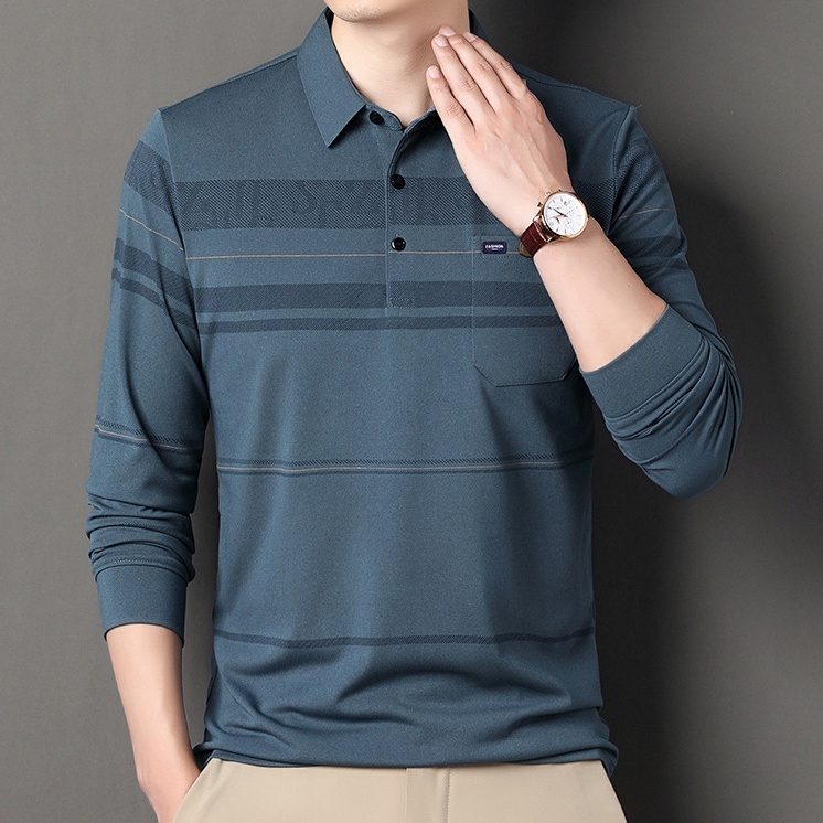 Áo Thun polo Tay Dài Dáng Rộng Màu Trơn In Họa Tiết Kẻ Sọc Đơn Giản Có Túi Thời Trang Cho Nam