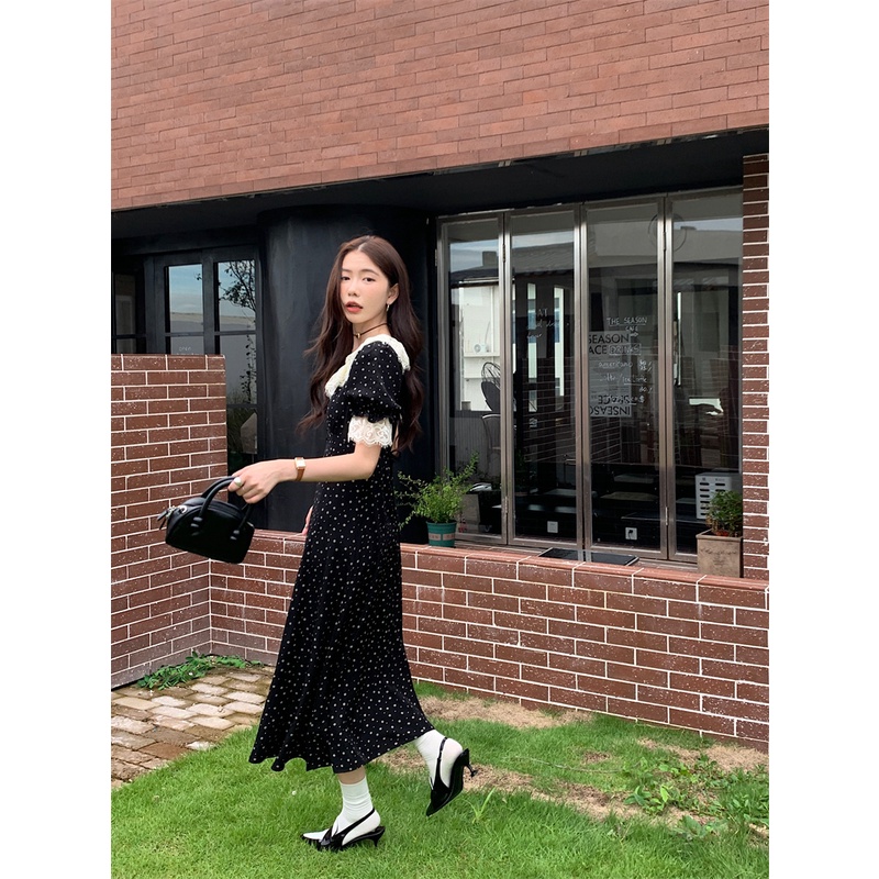 Đầm maxi Màu Đen Tay Phồng Phối Ren Hoa Phong Cách vintage Pháp