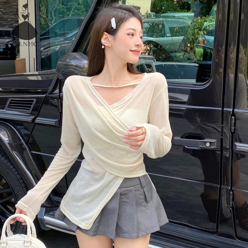 Áo Thun Tay Dài Cổ Chữ v Màu Trơn Thời Trang vintage Dành Cho Nữ vn