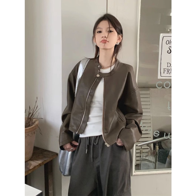 Áo Khoác Da pu Cổ Đứng Dáng Ngắn Phong Cách retro Cao Cấp Cho Nữ