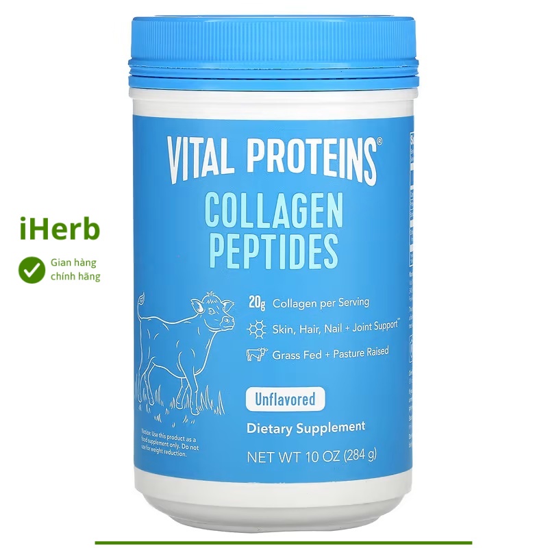 Bột Collagen Peptides Unflavored hỗ trợ da, tóc, móng + khớp khỏe mạnh 10 oz Vital Proteins (284 g) 