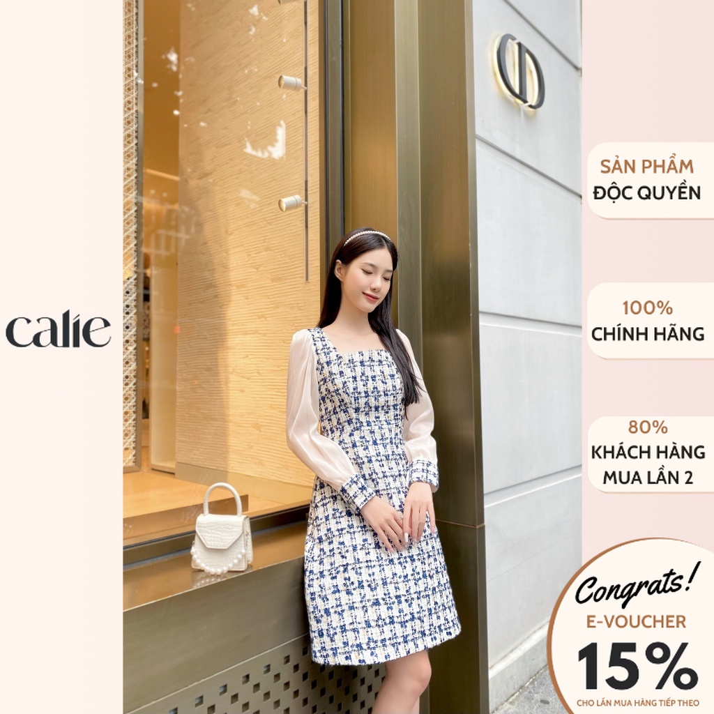 Váy nữ dáng A dạ tweed kẻ phối tay voan trẻ trung CALIE VA229