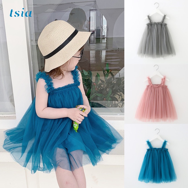 Đầm cotton Hai Dây Phối Lưới Xinh Xắn Dành Cho Bé Gái 0-3 Tuổi