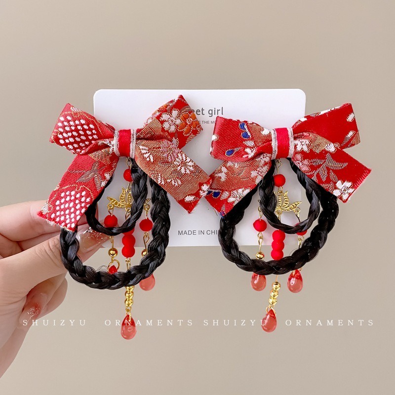Set 2 Kẹp Tóc Đính Nơ Giả Phong Cách Trung Hoa Mừng Năm Mới Cho Bé Gái