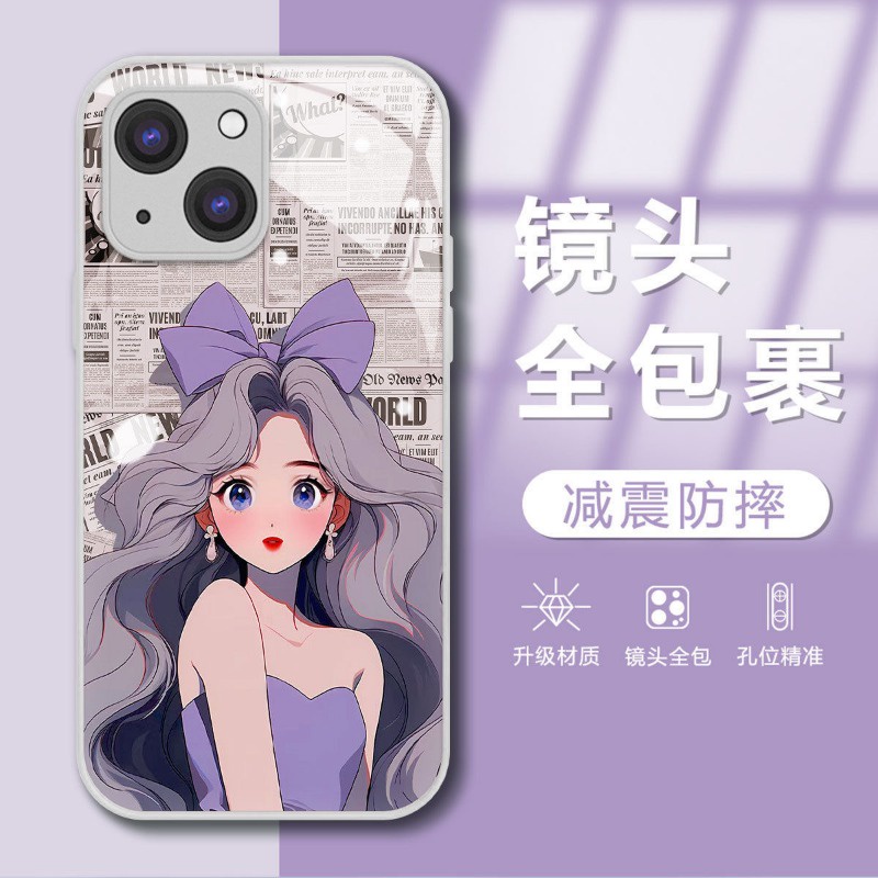 Ốp Điện Thoại Mặt Kính Hình Cô Gái Gắn Nơ Màu Tím / Trắng Cho Iphone 15promax 14 13promax 12 11promax