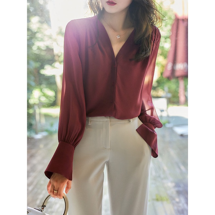 Áo Sơ Mi chiffon Dài Tay Cổ Chữ v Phong Cách Pháp Thời Trang Xuân Thu Mới Cho Nữ