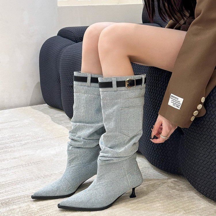 Giày Bốt Cao Gót Mũi Nhọn Chất Liệu denim size 35-40