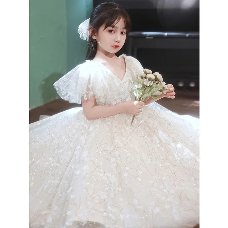 Đầm công chúa bé gái , váy bé gái trắng dài cao cấp cho bé