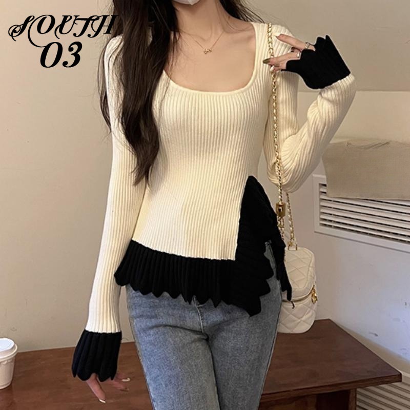 Áo sweater Dệt Kim Mỏng Tay Dài Cổ Vuông Thời Trang Thu Đông Phong Cách Pháp Mới Cho Nữ