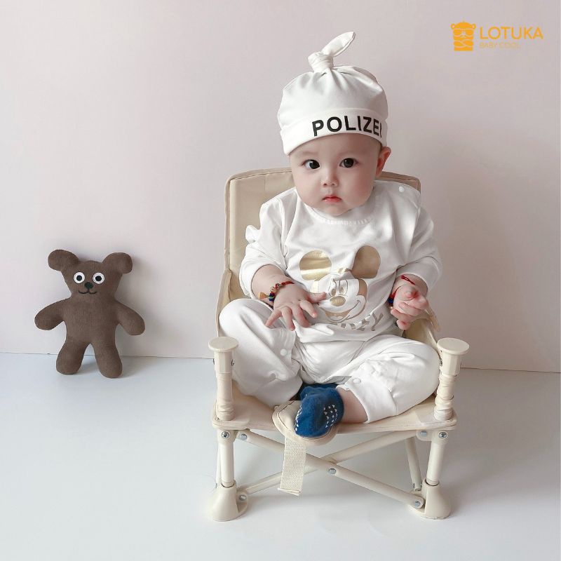 Bodysuit LOTUKA In Mickey Tặng Kèm Mũ Cao Cấp, Bộ Liền Thân Sơ Sinh Dài Tay Chất Liệu Cotton, Quần Áo Trẻ Em size 0-12m