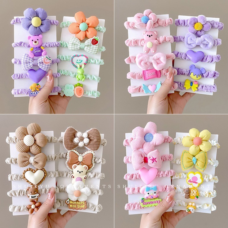 Set 5 Dây Cột Tóc Đính Hoa Hoạt Hình Nhiều Màu Sắc Ngọt Ngào Cho Bé Gái