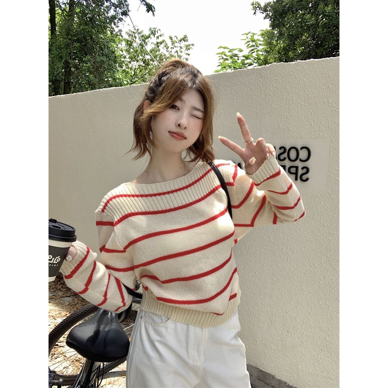 Zhainvchaoyi Áo sweater Dệt Kim Kẻ Sọc Thời Trang Đơn Giản Cho Nữ