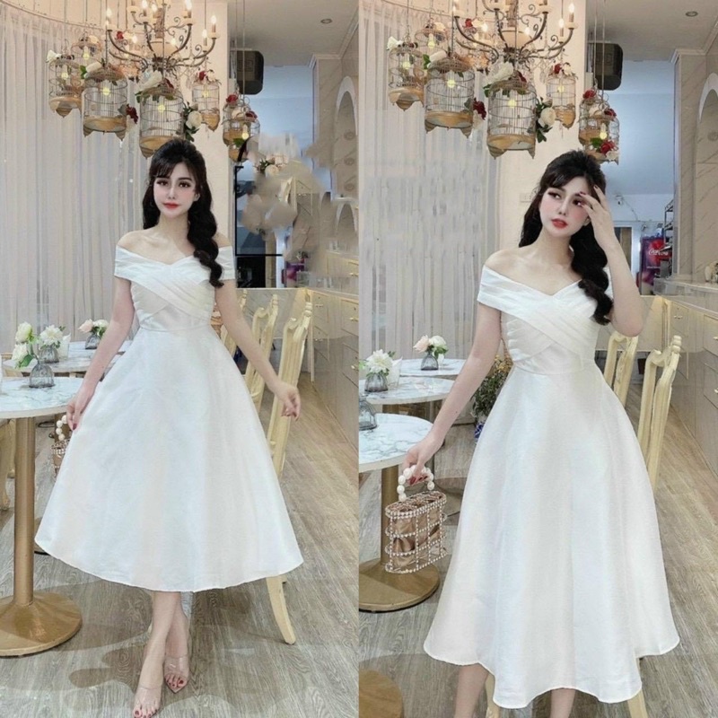 Váy thiết kế xếp ly chéo vai V dự tiệc,kỉ yếu, đầm trắng tiệc cưới cô dâu miiu