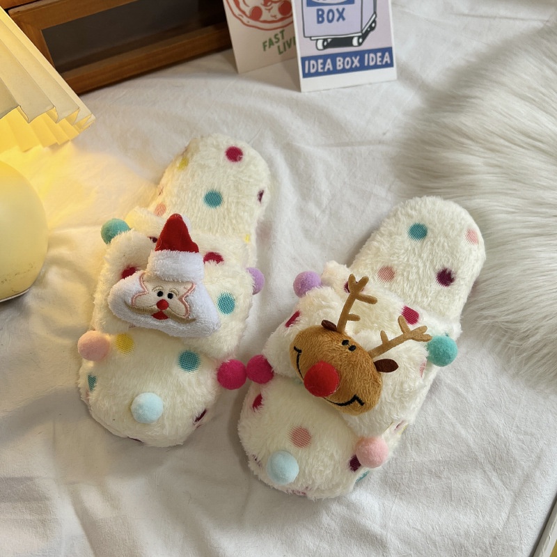 YAOLI Dép Bông Đi Trong Nhà Bằng cotton Phối Lông Thời Trang Giáng Sinh Dễ Thương Dành Cho Nữ Sinh Ký Túc Xá