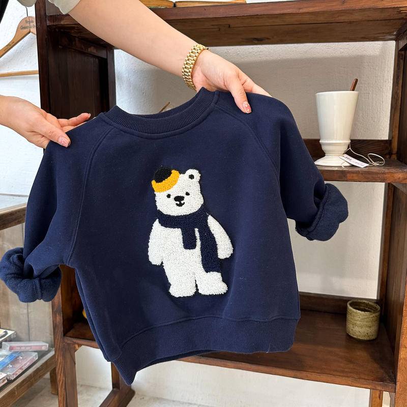 Áo nỉ nhung dài tay cổ tròn thu đông 2023 cho bé trai và bé gái thêu hình gấu 3D