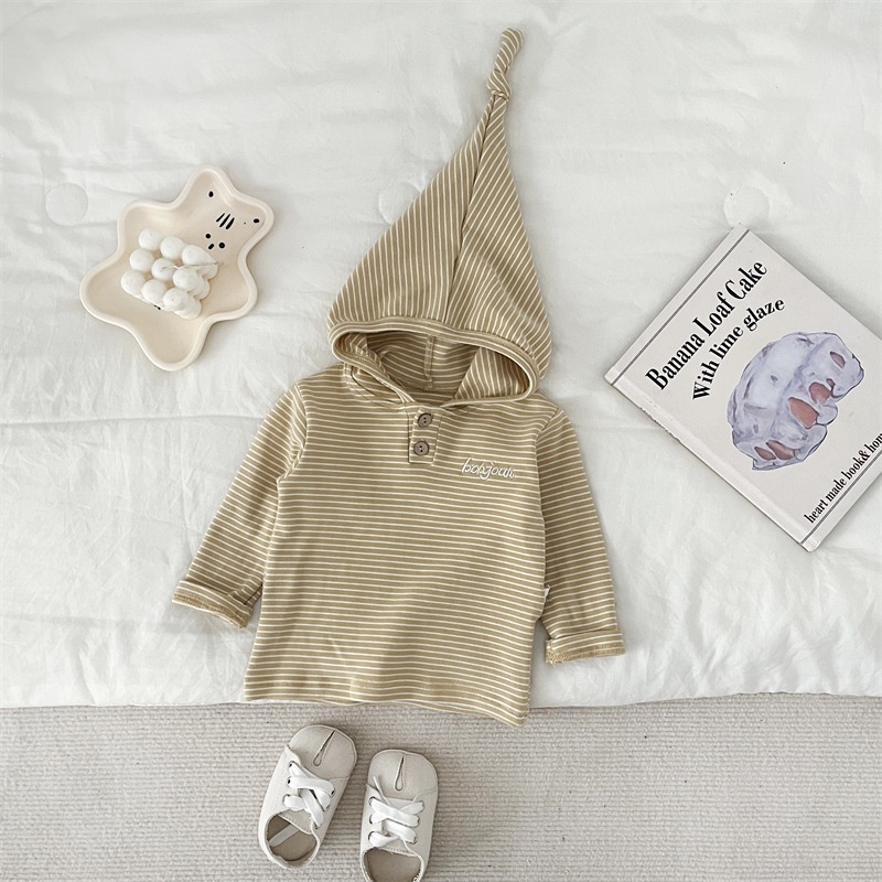 Áo Hoodie Tay Dài Kẻ Sọc Màu Trơn Thêu Chữ Thời Trang Mùa Thu Cho Bé Trai 1-3 Tuổi