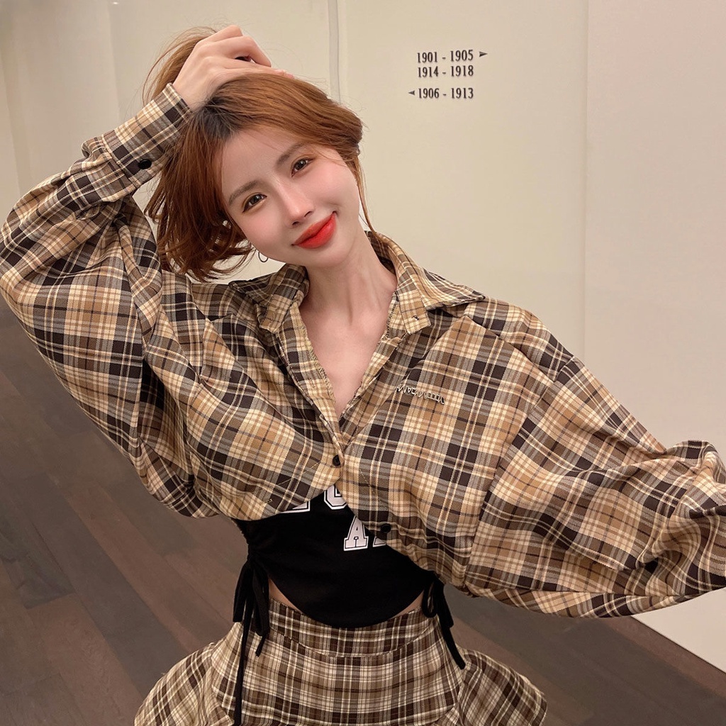 Set Áo Sơ Mi + Áo Khoác + Chân Váy + Áo Hai Dây Họa Tiết Kẻ Sọc Thời Trang Mùa Xuân Mới Cho Nữ