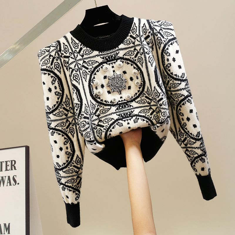 Áo sweater Tay Dài Chui Đầu Đính Hạt Kim Cương Thủ Công Dáng Ngắn Thiết Kế Sang Trọng Đơn Giản