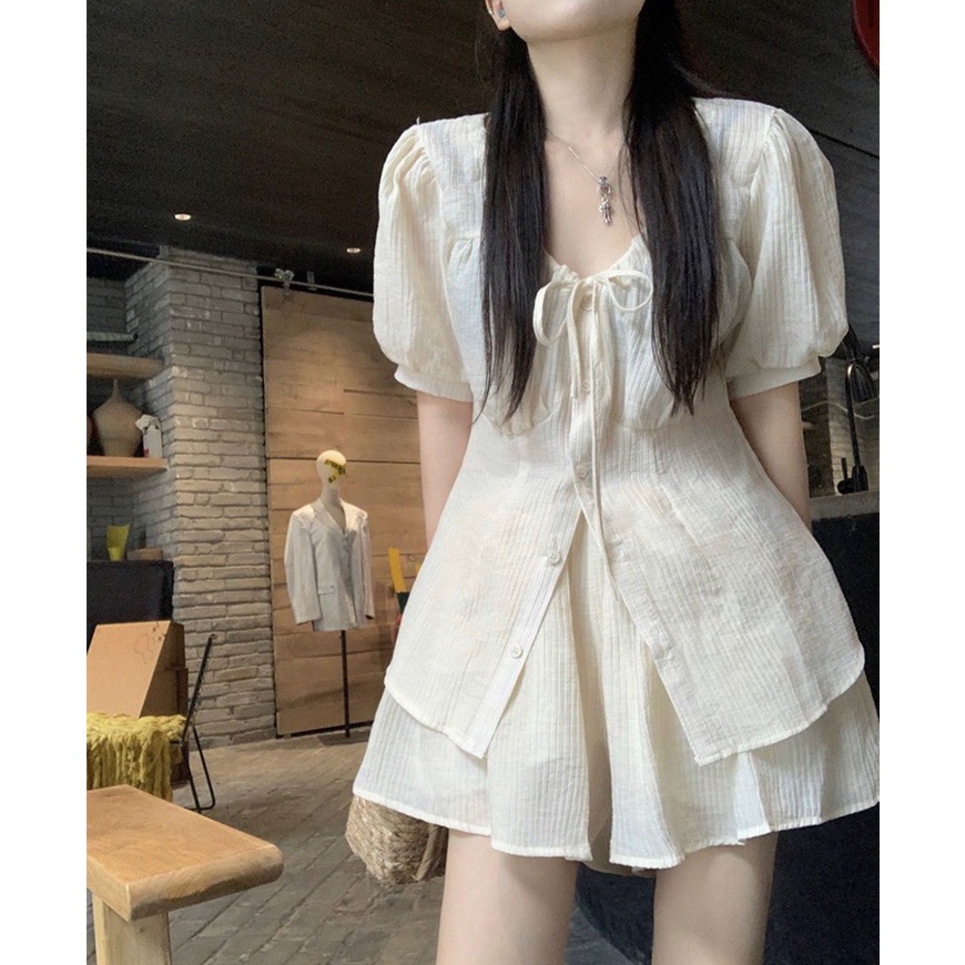 SET ÁO NUDE CỔ V THẮT NƠ + SHORT