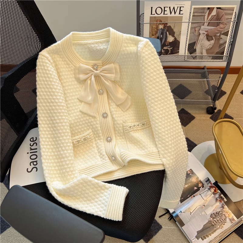 Áo Khoác cardigan Dệt Kim Dáng Ngắn Đính Nơ Thời Trang Mùa Thu 2023 Mới