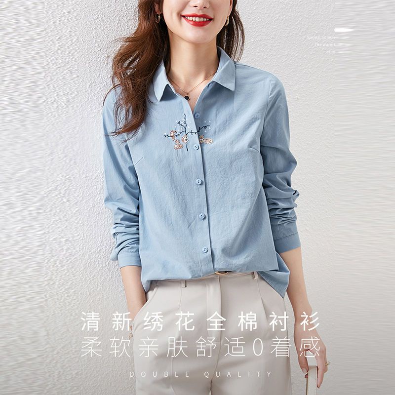 Áo Sơ Mi cotton Dài Tay Thêu Họa Tiết Thời Trang Xuân Thu Mới Cho Nữ
