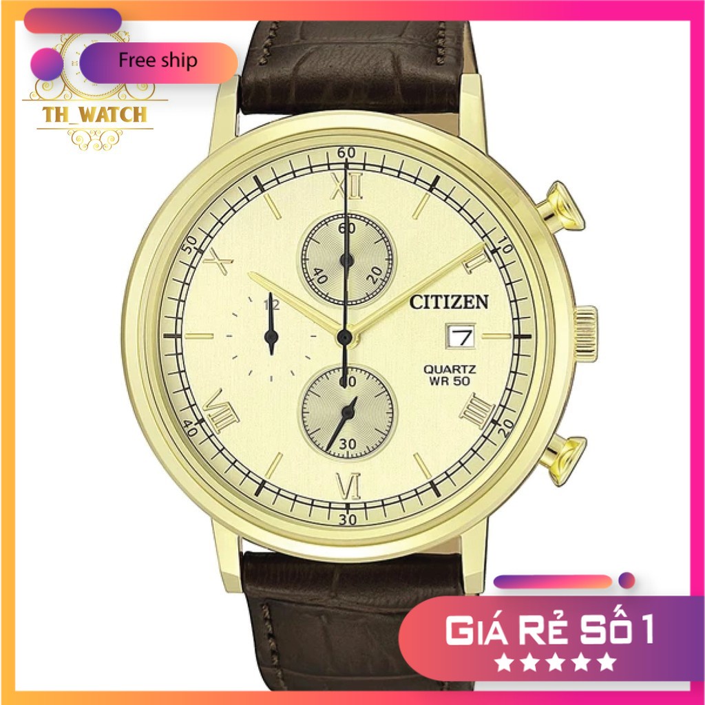 Đồng hồ Nam Citizen AN3612-09P Mặt vàng, dây da, kính cứng - Máy pin Bảo hành 2 năm