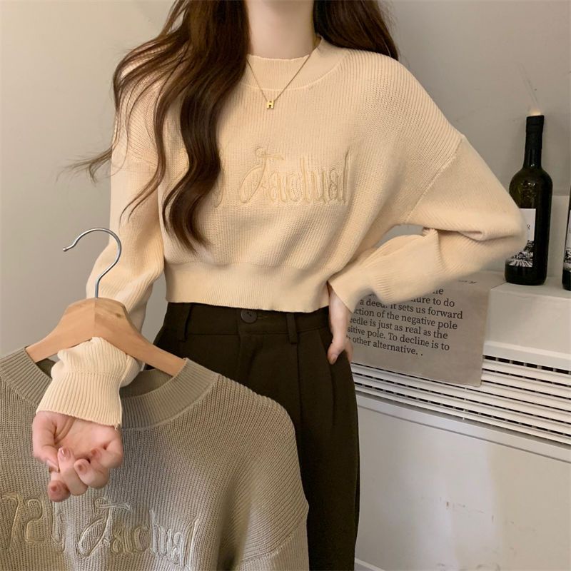 Áo sweater Tay Dài Cổ Tròn Eo Cao Thêu Chữ Thời Trang Xuân Thu Cho Nữ