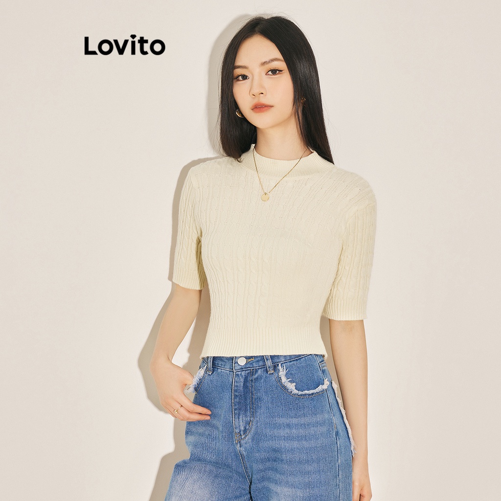 Áo dệt kim Lovito tay ngắn đơn giản màu trơn thường ngày cho nữ L61AD146