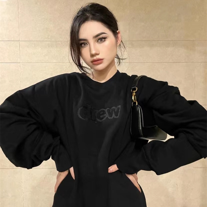 3JHW drew round neck sweater men's black embroidered letters loose American fashion brand spring and autumn niche design sense stitching top